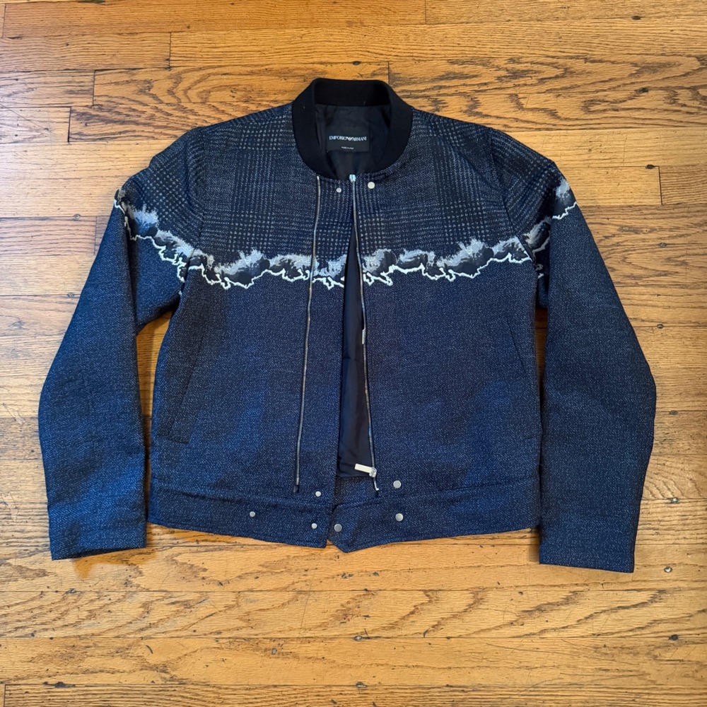 Emporio Armani Mens Navy Blue Plaid Abstract Graphic Bomber Jacket Italy Size 46